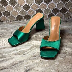Emerald Satin Block Heel Slide Sandals